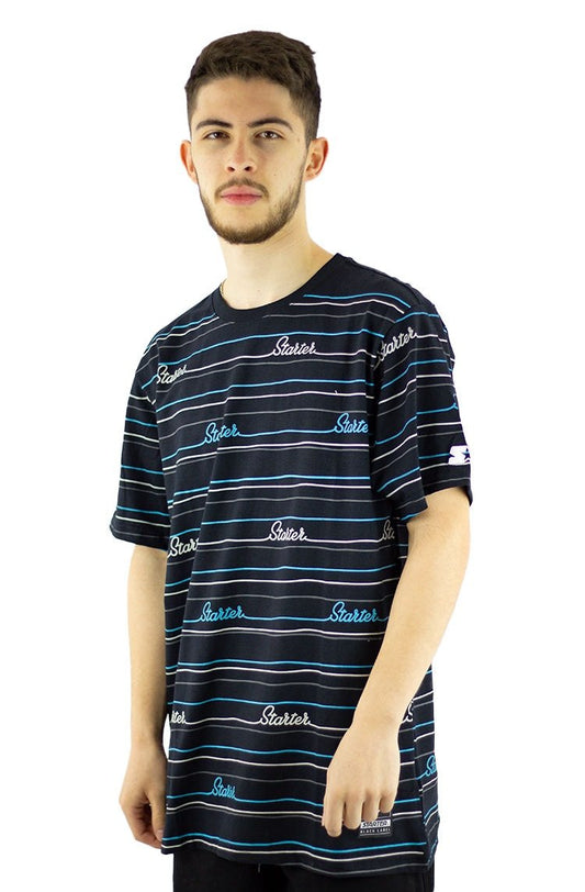 Camiseta Starter Listrada Preta/Azul - NewSkull