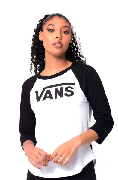 Camiseta Vans Feminina Flying v 3/4 Raglan Preto/Branco – NewSkull