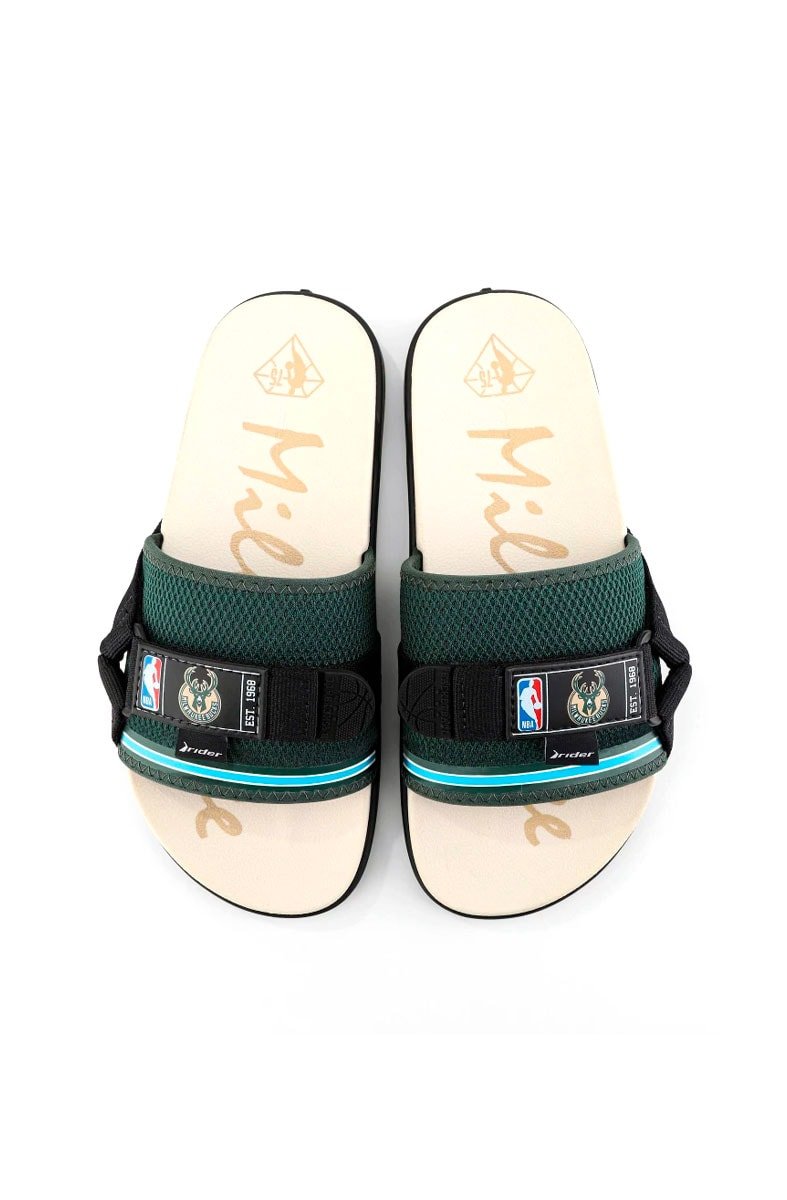 Chinelo Rider Slide NX NBA Milwaukee Bucks Preto/Verde/Bege - NewSkull