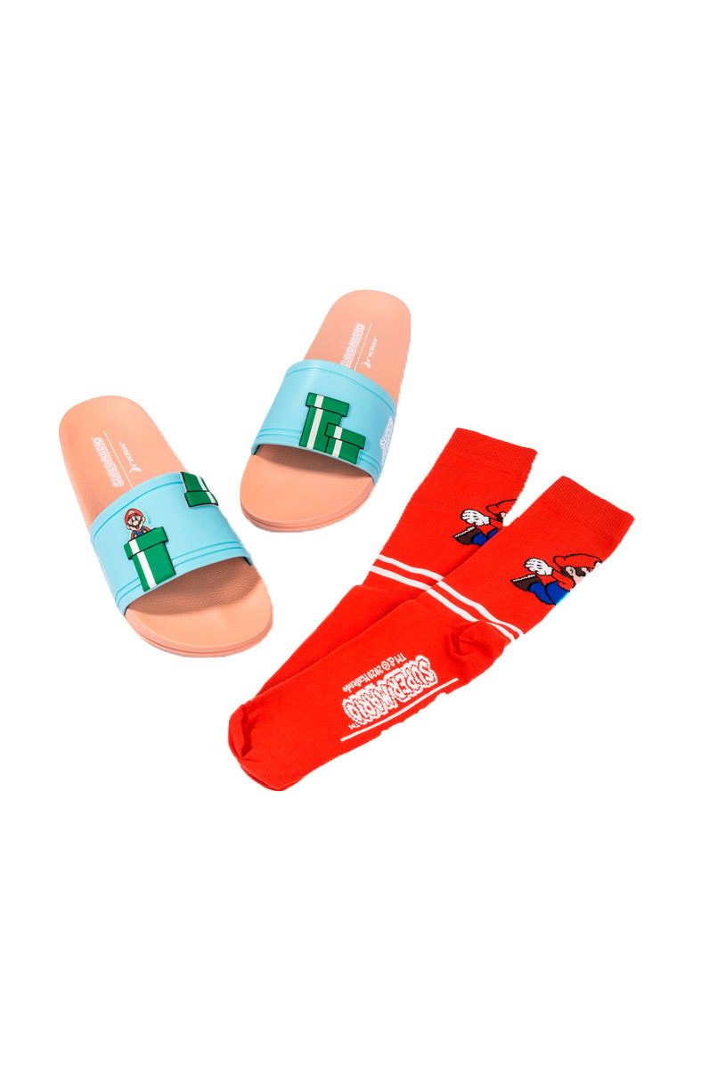 Chinelo Slide Rider + Meia Super Mario Bege/Azul/Vermelho - NewSkull