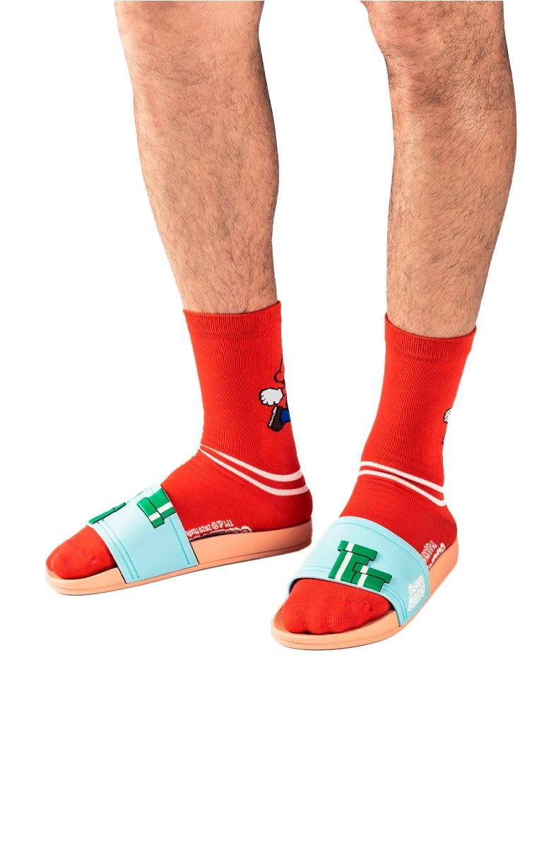 Chinelo Slide Rider + Meia Super Mario Bege/Azul/Vermelho - NewSkull