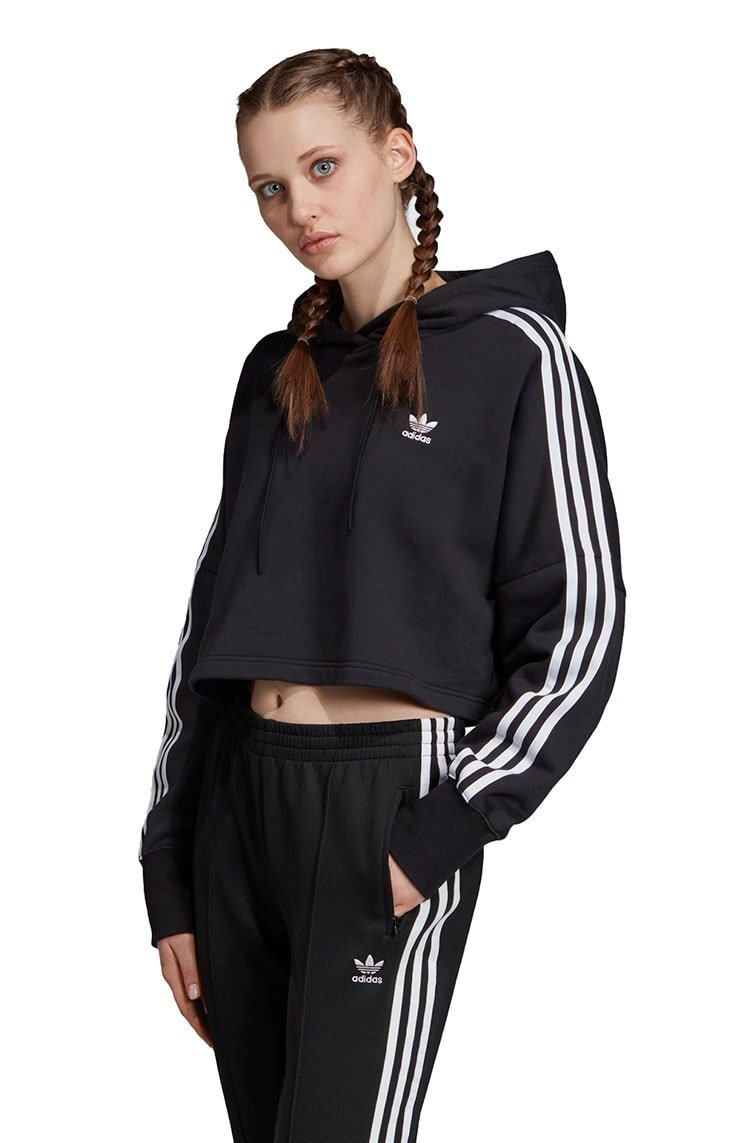 Moletom ADIDAS Capuz Cropped 3 Stripes Feminino Preto - NewSkull