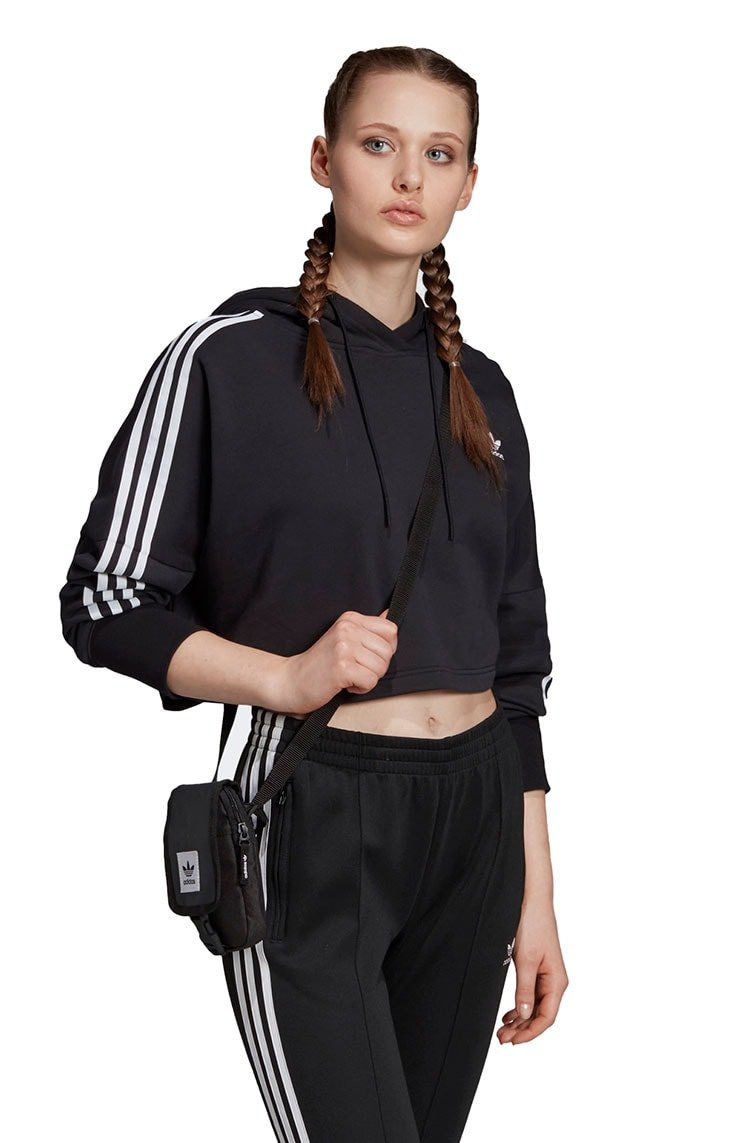Moletom ADIDAS Capuz Cropped 3 Stripes Feminino Preto - NewSkull